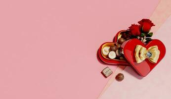 3d interpretazione illustrazione, superiore Visualizza, cuore cioccolato regalo scatola con rosso Rose su rosa sfondo foto