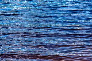 acqua ondulazione struttura sfondo. ondulato acqua superficie durante tramonto, d'oro leggero riflettendo nel il acqua. foto