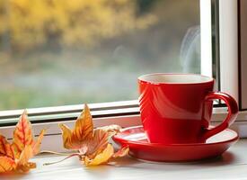 ai generato autunno sfondo con un' tazza di caffè. foto