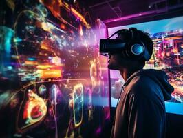 giovane uomo utilizzando virtuale la realtà cuffia, guardare in giro a interattivo tecnologia esposizione con multicolore proiettore leggero illuminazione, ai generato foto