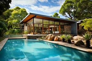 esterno di lusso e moderno bellissimo minimo villa con nuoto piscina, ai generato foto