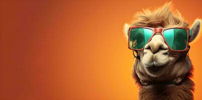 un' lama indossare occhiali da sole su un arancia sfondo. ai generativo foto