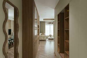 un' elegante legna telaio specchio sospeso su il parete, scarpa mobiletto, nel il foyer spazio. foto
