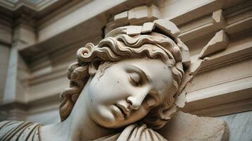 pietra o marmo rotto antico greco statua, donna testa, Riccio capelli - ai generativo foto
