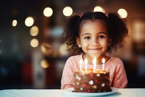 ai generativo. un africano americano ragazza bambino è andando per soffio su il candele su un' compleanno torta. il ragazza sembra a il telecamera e sorrisi foto