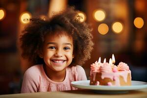 ai generativo. un africano americano ragazza bambino è andando per soffio su il candele su un' compleanno torta. il ragazza sembra a il telecamera e sorrisi foto