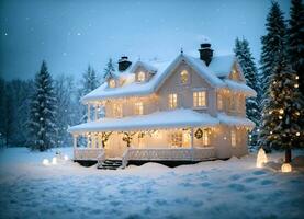 ai generato un' neve Casa quello si illumina calorosamente su Natale giorno foto