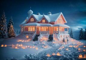 ai generato un' neve Casa quello si illumina calorosamente su Natale giorno foto