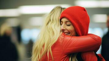 un' donna nel un' rosso cappello calorosamente abbraccia un altro donna, esprimendo un' sentito connessione e affetto.. generativo ai foto