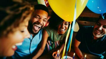 foto di un' gruppo di amici partying a casa. generativo ai