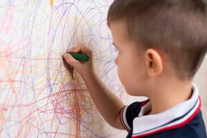 ragazzo disegna su il parete con colorato gesso. il bambino è impegnato nel creatività a casa foto