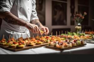 uomo mani di un' Cameriere preparare cibo per un' buffet tavolo nel un' ristorante - buffet giorno concetto ai generativo foto