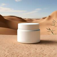 vuoto bianca cosmetico vaso su sabbia con deserto sfondo. generativo ai foto