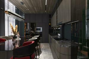 moderno, arredato, e soleggiato cenare camera con grande finestre nel il Aperto cucina. foto