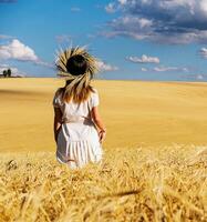 donna nel ghirlanda di fiori con Grano e bianca vestito a piedi lungo cereale campo foto