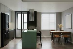 Aperto cucina interno nel moderno stile con verde accenti. 3d interpretazione foto