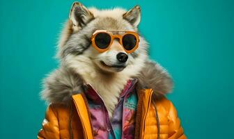 contento cane personaggio nel Due tono elegante occhiali da sole e pelliccia cappotto guardare lontano contro pastello e turchese sfondo. ai generativo. foto