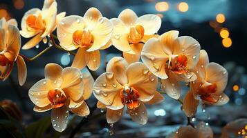 orchidea tramonto o Alba cielo giallo leggero su d'oro ore ai generato foto