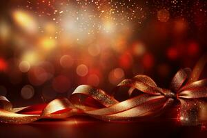 Natale rosso sfondo con regalo nastro. d'oro vacanza nuovo anno. astratto sfondo, sfondo con luci, bokeh e scintille. bandiera con sfocato bokeh e piccolo brillante spruzzatori foto