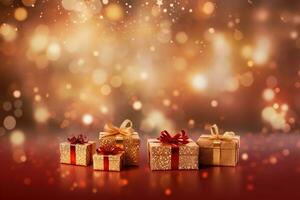 Natale rosso sfondo con regalo scatole. d'oro vacanza nuovo anno. astratto sfondo, sfondo con luci, bokeh e scintille. bandiera con sfocato bokeh e piccolo brillante spruzzatori foto