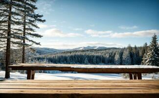 ai generato inverno sfondo con copia spazio su un' di legno scrivania con un' inverno Visualizza di pino alberi nel il sfondo con un' chiaro cielo foto