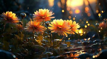 gerbera fiore tramonto o Alba cielo idilliaco su d'oro ore ai generato foto