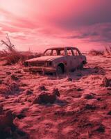 un vecchio auto si siede nel il mezzo di un' deserto generativo ai foto