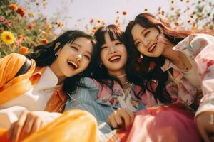 tre asiatico donne siamo sorridente nel un' campo di girasoli generativo ai foto