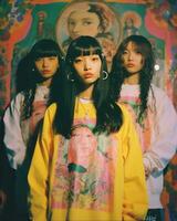 tre asiatico donne indossare giallo felpe in piedi nel davanti di un' pittura generativo ai foto