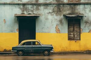 un vecchio auto è parcheggiata nel davanti di un' giallo e blu edificio generativo ai foto