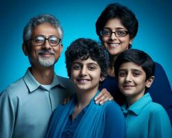 un indiano famiglia pose per un' ritratto nel davanti di un' blu sfondo generativo ai foto