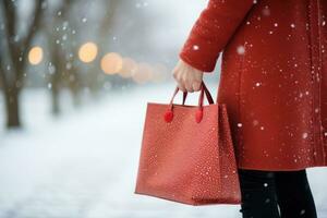 donna nel inverno indossare detiene rosso shopping Borsa. generativo ai foto