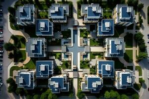 ai generato un' torreggiante grattacielo visto a partire dal un' occhio di verme Visualizza, verde albero, lucernario esposizione. generativo ai foto