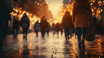 persone a piedi nel il città strada con bokeh Natale notte. generativo ai foto