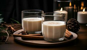 Natale latte bevanda con spezie, zabaione, nel bicchiere occhiali, vacanza umore. ai generato. foto