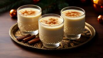 Natale latte bevanda con spezie, zabaione, nel bicchiere occhiali, vacanza umore. ai generato. foto