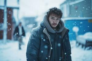 un' triste uomo sta su un' strada nel inverno su un' blu lunedì. ai generato. foto