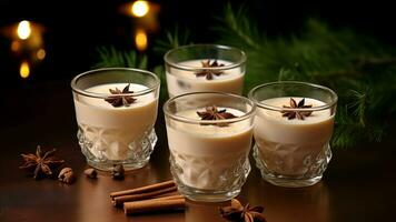 Natale latte bevanda con spezie, zabaione, nel bicchiere occhiali, vacanza umore. ai generato. foto