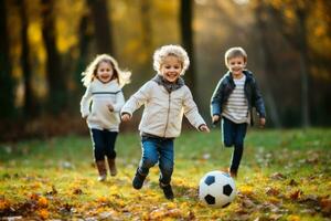 contento bambini giocando palla su un' giocando campo. ai generativo foto