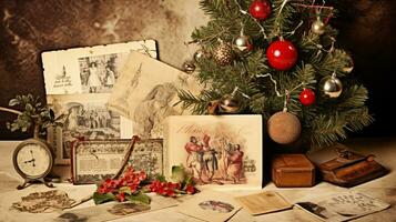 ai generato Natale collage, preparativi di vecchio Vintage ▾ fotografie