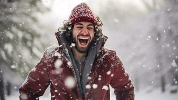 ai generato vicino su ritratto di un' modello felicemente urlando in caduta primo neve foto