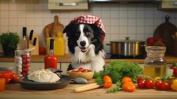 un' nero e bianca cane indossare un' dello chef cappello circondato di verdure ai generato foto