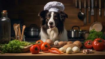 un' nero e bianca cane indossare un' dello chef cappello circondato di verdure ai generato foto