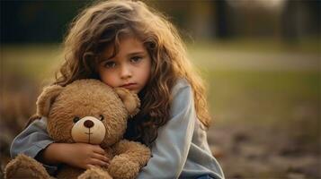 un' poco ragazza Tenere un' orsacchiotto orso nel sua mani ai generato foto