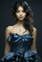 ritratto di un asiatico donna nel un' di moda vestito Impressionante un' posa. ai generato foto