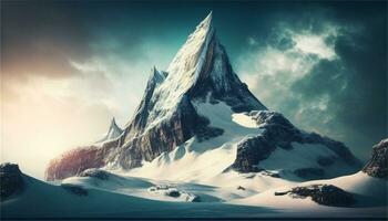 un' nevoso montagna paesaggio con un' fiume e rocce ai generativo foto