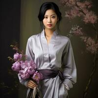 bellissimo asiatico donna nel tradizionale chimono ai generato foto