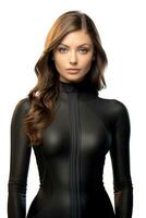 ai generato giovane coreano ragazza modello. bellissimo giovane asiatico donna con Perfetto pelle, indossare catsuit durante corpo posa. sexy e sottile corpo, moda donna modello. generativo ai foto