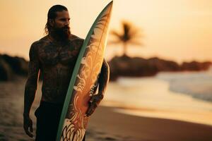 ai generato bellissimo maschio surfer con tavola da surf su il sabbioso spiaggia. acqua gli sport. salutare attivo stile di vita. fare surf. estremo sport. foto