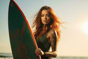 ai generato bellissimo surfer ragazza con tavola da surf su il sabbioso spiaggia. femmina surfista, acqua gli sport. salutare attivo stile di vita. fare surf. estremo sport. foto